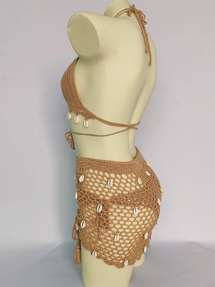 Women Beach Wear Swimsuit Cover-Ups Boho Summer See-Through Hollow Out Bandage High Waist Short Beach Skirt Crochet Knit Skirts