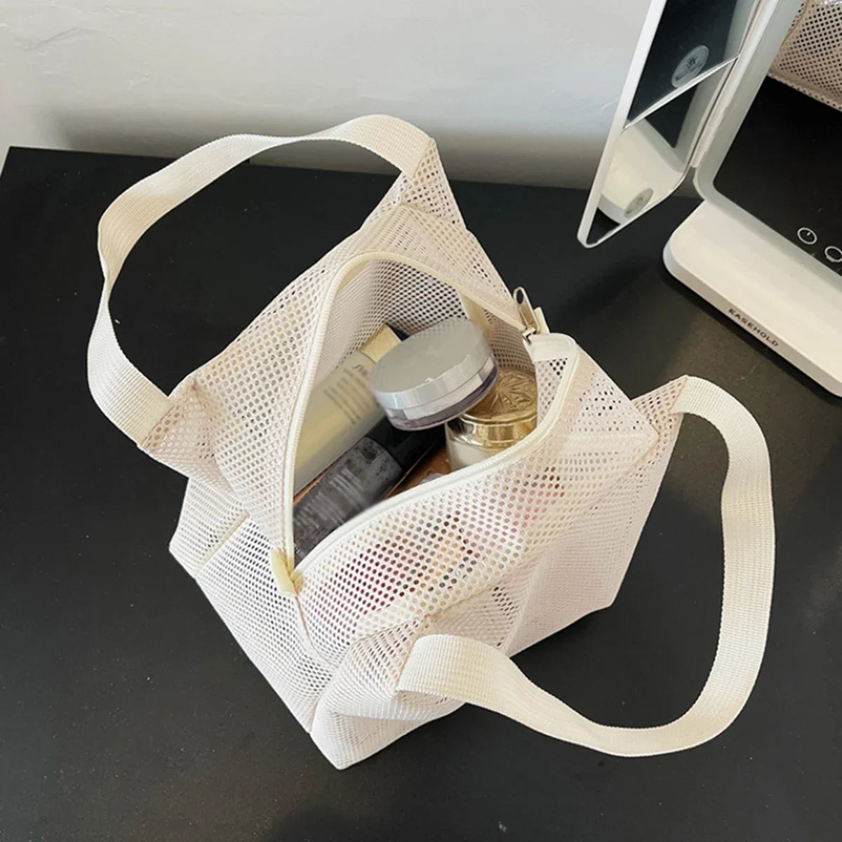 Large Capacity Travel Mesh Bag Portable Cosmetic Zipper Pouch with Handle New Design Makeup Toiletry Beach Bag