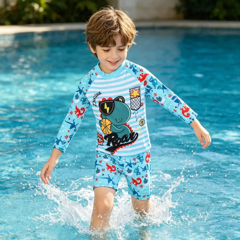 Children Surfing Suit Boys 2 to 3 4 5 6 7 8 9 10 11 Years Kids Swimming Suits Girls Spf 50+ Long Sleeves Stripe Swim Tops+Trunks