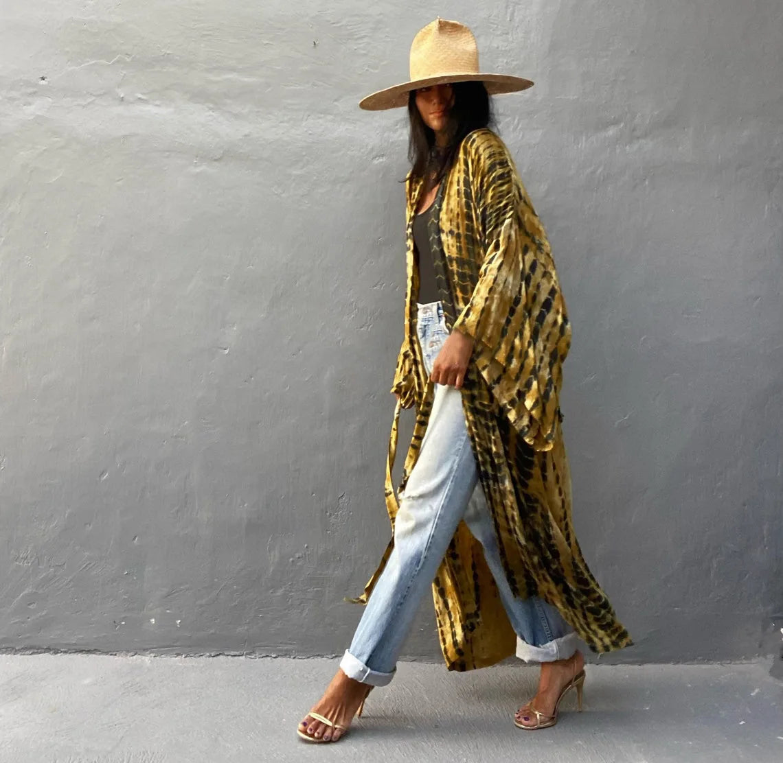Women's Boho Stripe Tie Dye Swimsuit Cover Up with Belt Tunic Sarong Cardigan Dress Bikini Cover-ups Beach Wear Kimono