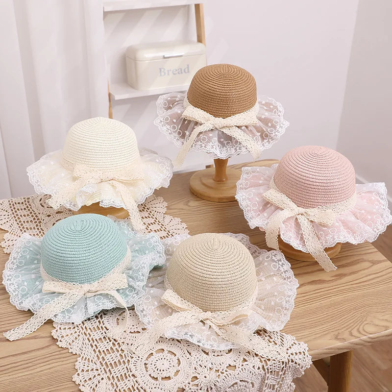 Summer Baby Girl Straw Hat Solid Color Lace Ruffle Kids Fisherman Cap Outdoor Beach Caps Sunshade Wide-brim Bucket Hats