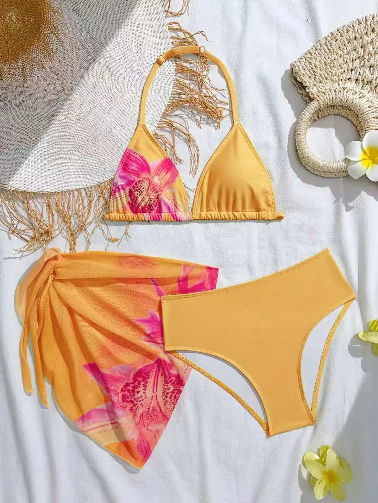 2026 Halter Girls Swimsuit 3 Pieces Bikinis Printed Kids Swimwear Female Children's Bathers Bathing Swimming Swim Suit 8Y-12Y
