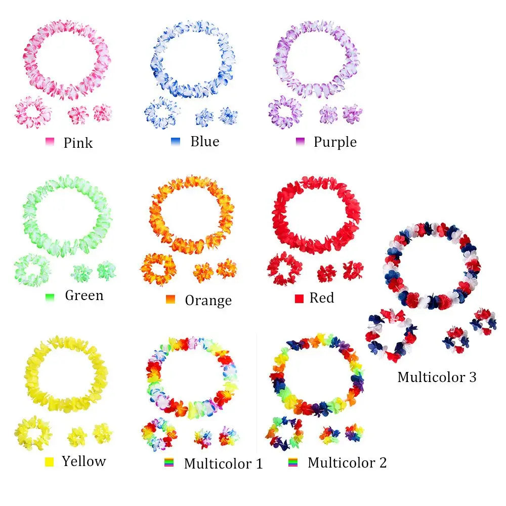 4pcs/set Hawaiian Flower Lei Hula Necklace Garland Headband Wristbands Wedding Decorations Beach Tropical Party Supplies