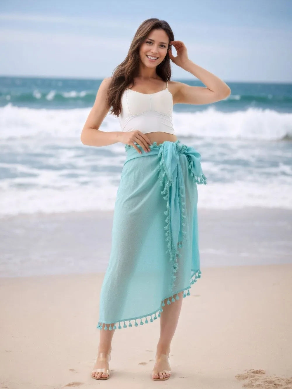 Solid Color Beach Wrap Skirt Sheer Design Quick Drying Sarong Beach Towel Knot Side Tassel Trim Bikini Cover Up