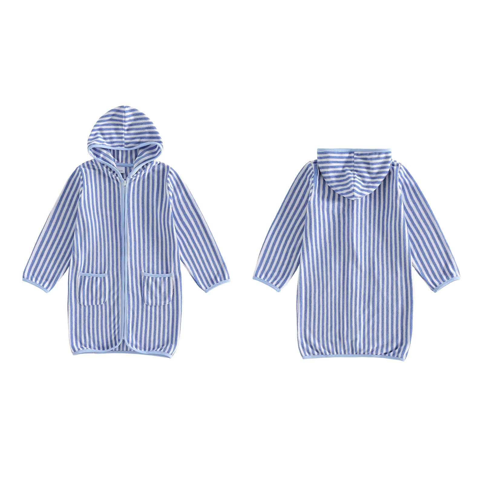 1-6Y Kids Bath Robes Towel Long Sleeve Front Zipper Striped Surf Poncho Swimming Outerwear for Boys Girls Beach Cover-ups