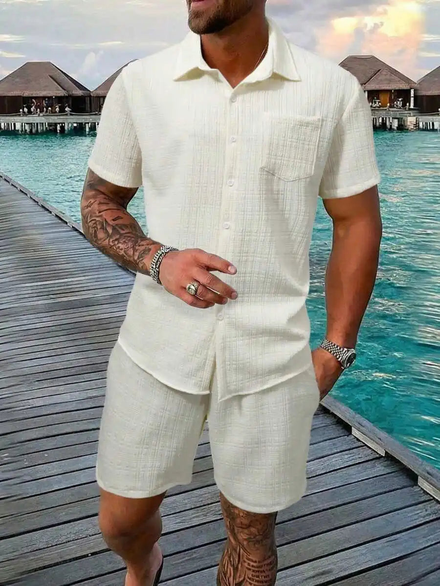 Genlund Men's Burnt Orange Summer 2 Piece Set,Boho Short Sleeve Print Shirt And Shorts,Tropical Vacation Holiday Outfit,Resort