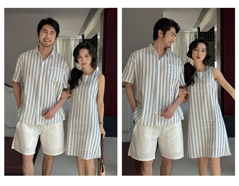 Korea Style Family Matching Outfit Striped Print Short Sleeve T-shirt+Shorts Tank Dress Parent-child Clothing Beach Holiday Look