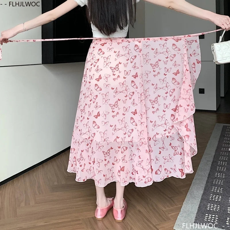 Wrap Up Chic Korea Clothes Women Cute Girls Floral Robe Holiday Beach Date High Waist Retro Vintage One-Piece Lace-Up Skirts