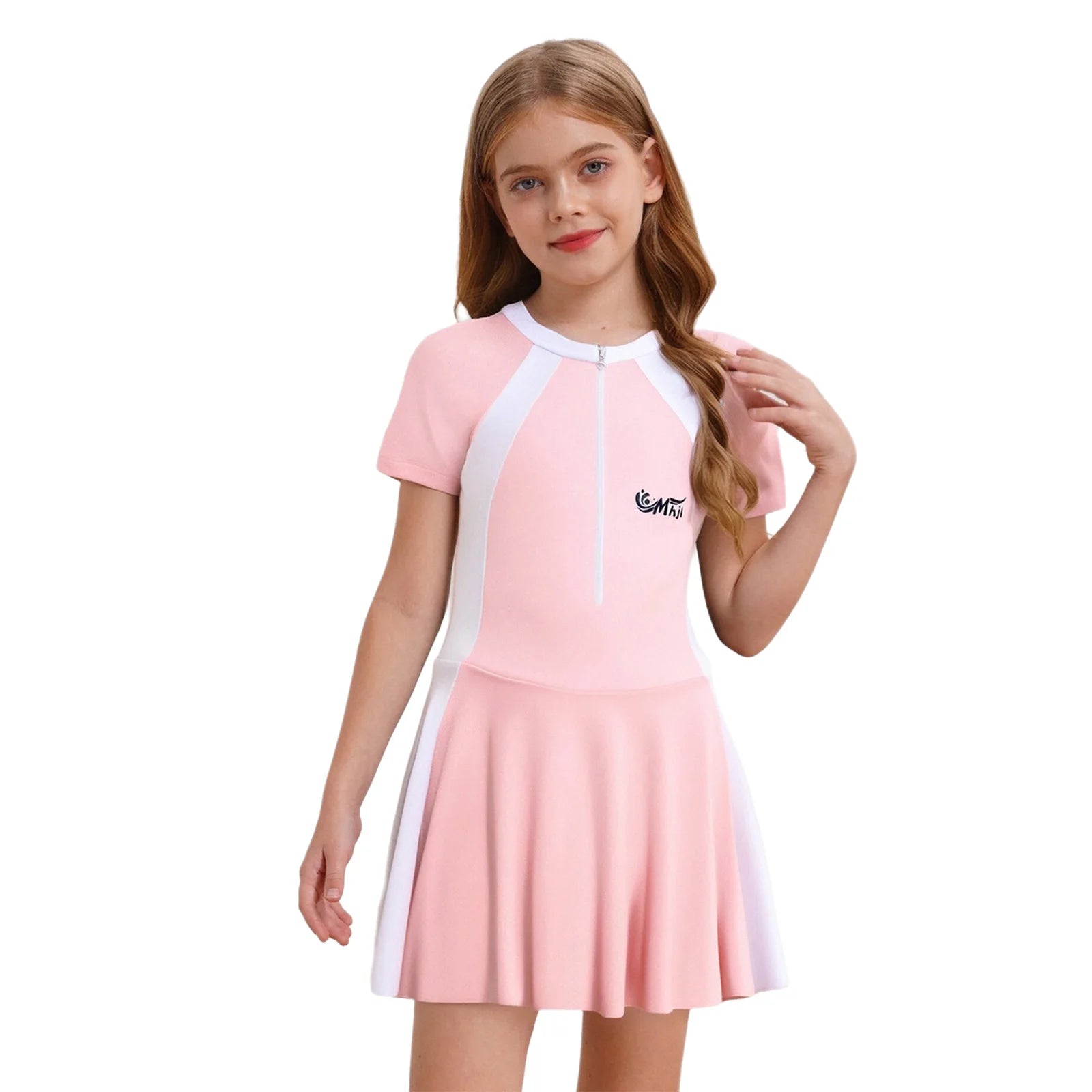 Fashion Girls One Piece Swim Dress Short Sleeve Color Block Swimsuit with Chest Pads Front Zipper And Safety Shorts Beachwear