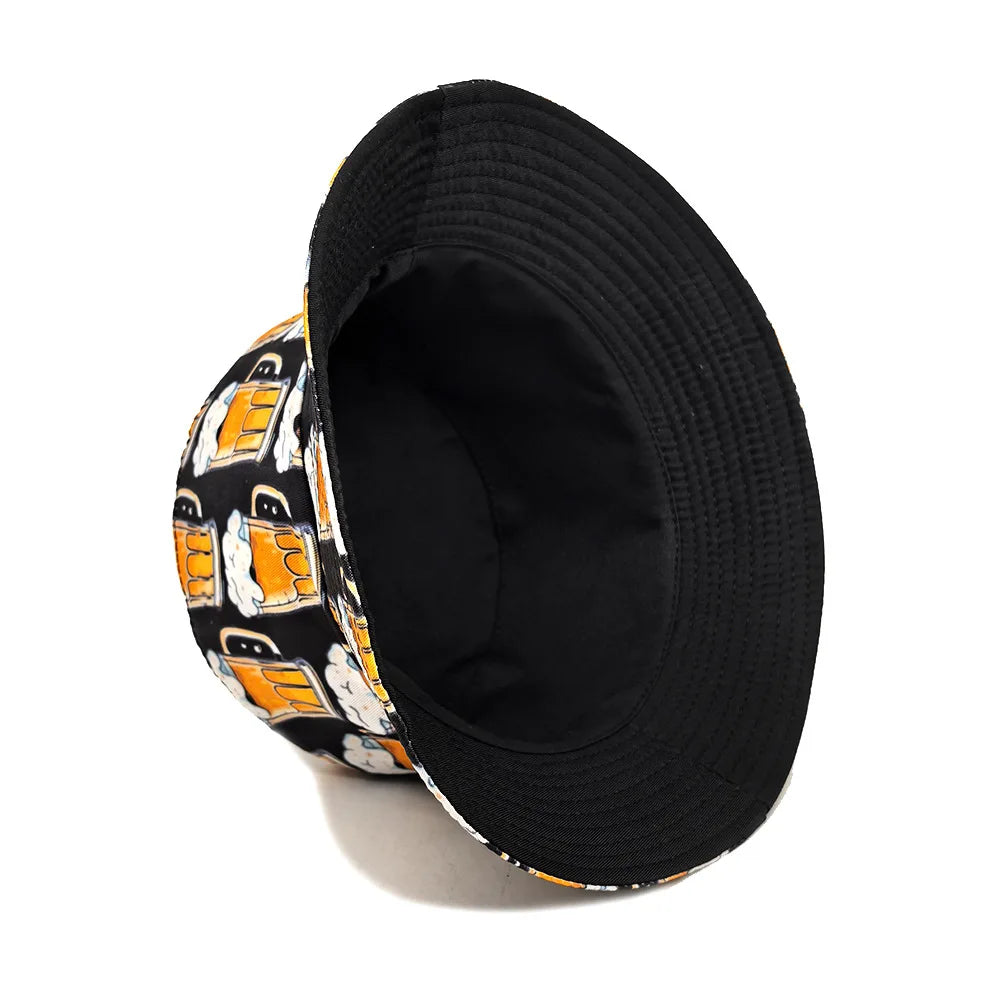 Cartoon Beer Bucket Hat Beer Printing Pattern Fisherman Hats Double Sides Polyester Panama Cap Unisex Outdoor Beach Travel New