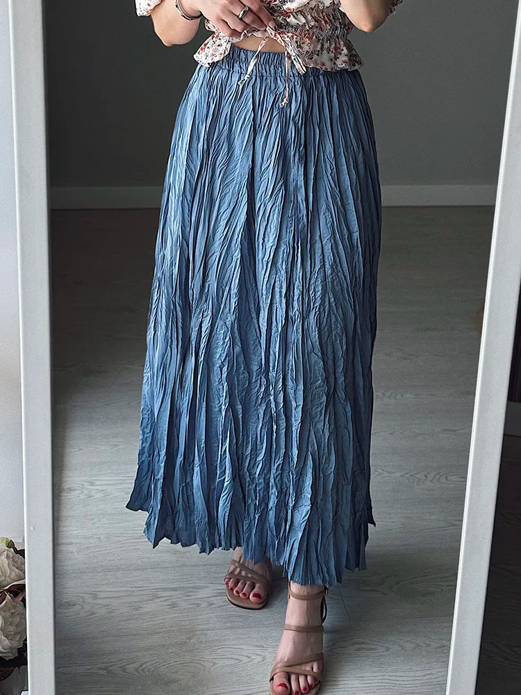 Streamgirl Women Summer Skirts Long Pleated A Line Elegant Solid Big Swing Maxi Skirt Ladies Blue White Beach Skirt Women Luxury
