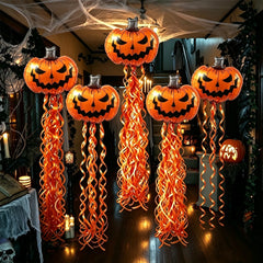 7 Pieces--Halloween Decoration Supplies, Scary Pumpkin Balloons and Spiral Tassel Rain Curtain Set, with Adhesive Dots, Suitable for Halloween Parties, Trick-Or-Treating, Birthday Parties, and Horror Celebration Backdrop Deco