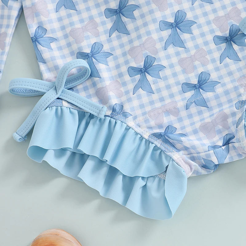 1-4T Children Baby Girl Rash Guard Swimsuit Long Sleeve Bow Plaid Print Bathing Suit Infant Swimwear with Sun Hat