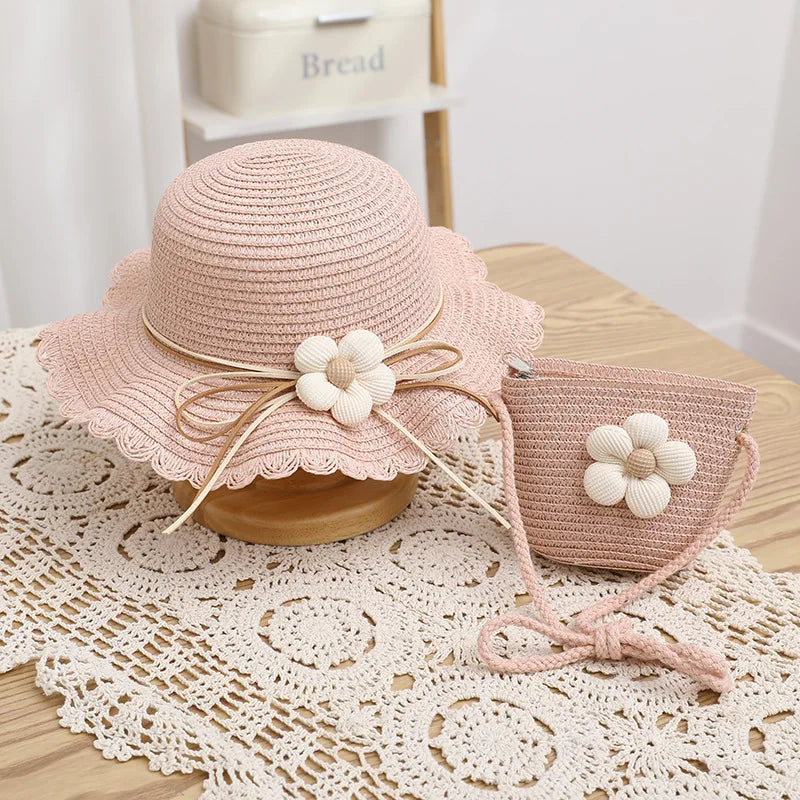 Kids Hat For Girls 2-7Y Straw Children's Sunshade Cap Bag Summer Baby Travel Sunscreen Beach Hat Sun Fisherman Cap Fashion Style