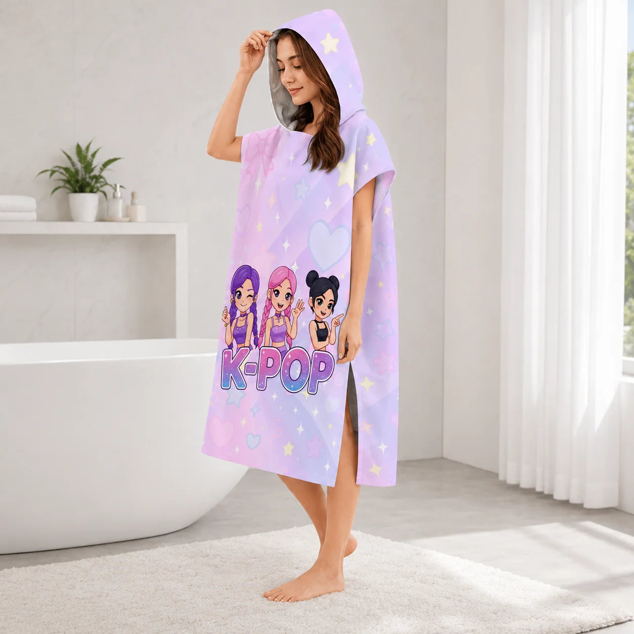 K-Pop Style Hooded Poncho Towel for Kids Adults Flat Print Purple Idol Cartoon Girls Bath Robe Beach Changing Towel Wrap
