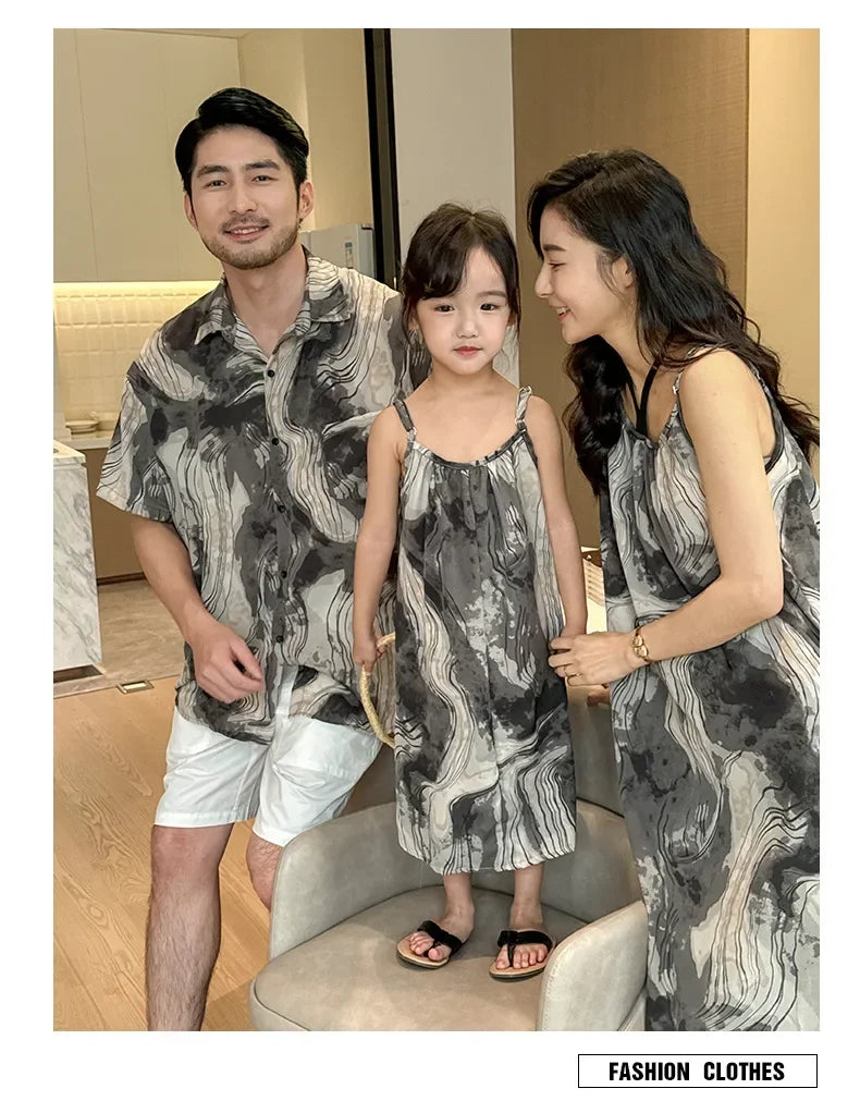 2025 Vacation Look Family Clothes Couple Beach Wear Brother Sister Dad Son Print Shirts Mom Daughter Matching Sleeveless Dress