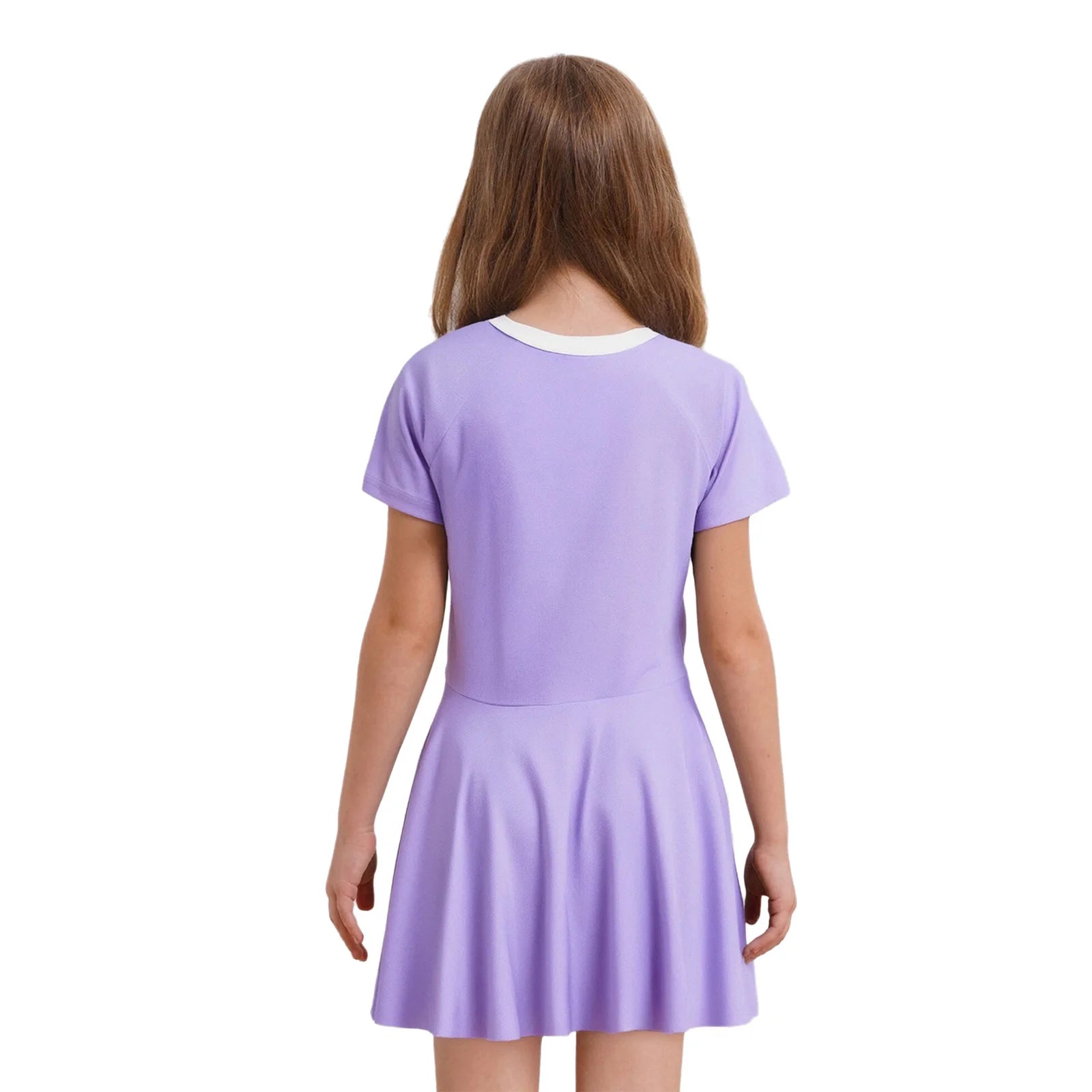 Fashion Girls One Piece Swim Dress Short Sleeve Color Block Swimsuit with Chest Pads Front Zipper And Safety Shorts Beachwear