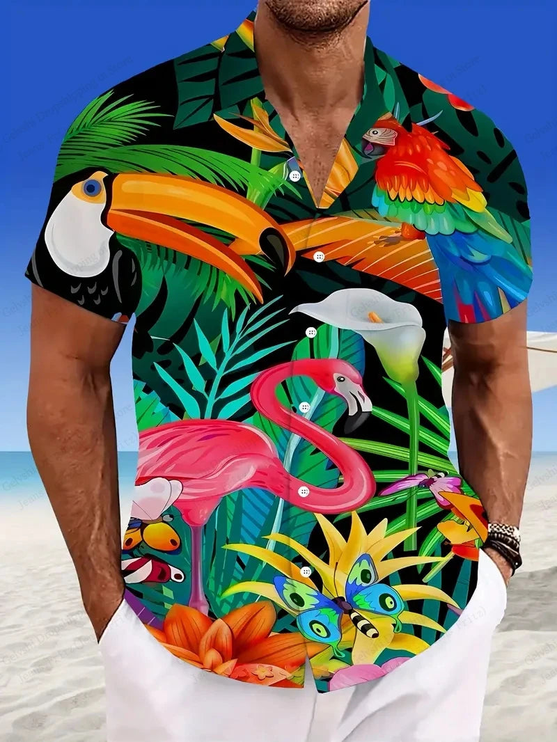 Summer Men's Vocation Lapel Camisa Oversized Hawaiian Shirts Flamingo 3d Print Fashion Men Women Beach Short Sleeve Blouse Boy