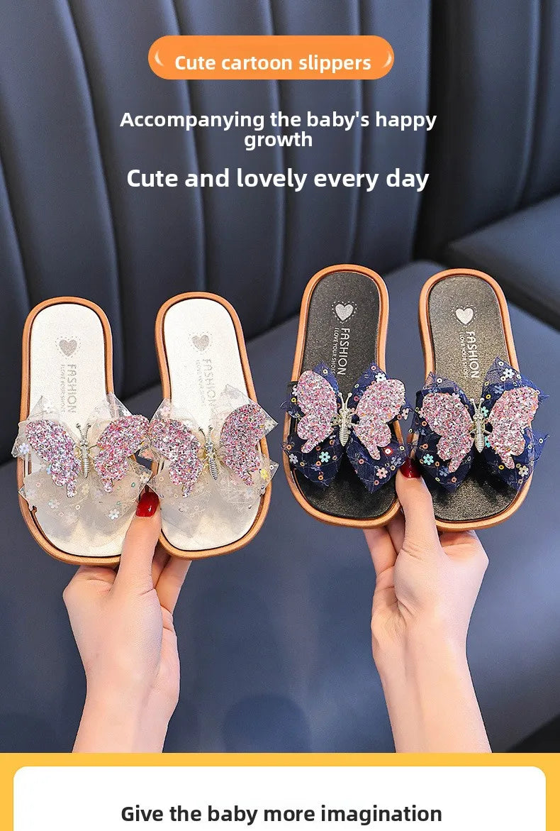 2026 Children's Summer Butterfly Knot Beach Sandals Plastic Slip-On Home Slippers Anti-Slip Beachwear Girls Flip Flops