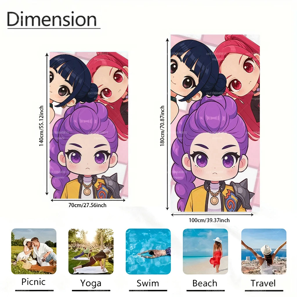 Chibi Anime Girl Beach Towel, Soft Microfiber Quick Dry Bath Towel, Cute Cartoon Pool Swim Towel for Kids Adults Beach Vacation