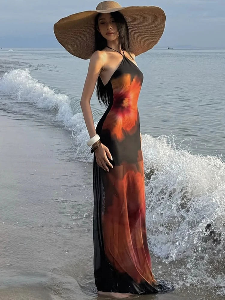 Weird Puss Beach Vacation Dress Women See Through Flower Print Halter Backless Bandage Sleeveless Party Club Stretch  Bodycon