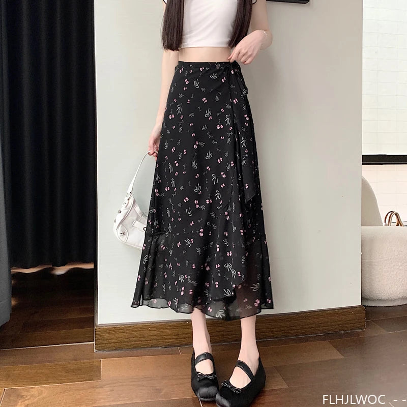 Wrap Up Chic Korea Clothes Women Cute Girls Floral Robe Holiday Beach Date High Waist Retro Vintage One-Piece Lace-Up Skirts