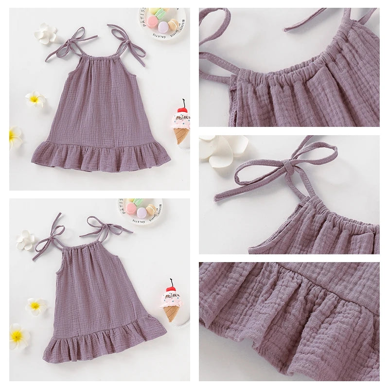 1-5 Years Old Kid Girl Summer Breathable Cotton Slip Dress Adjustable  Solid Color Halter Dress Toddler Girl Holiday Beachwea