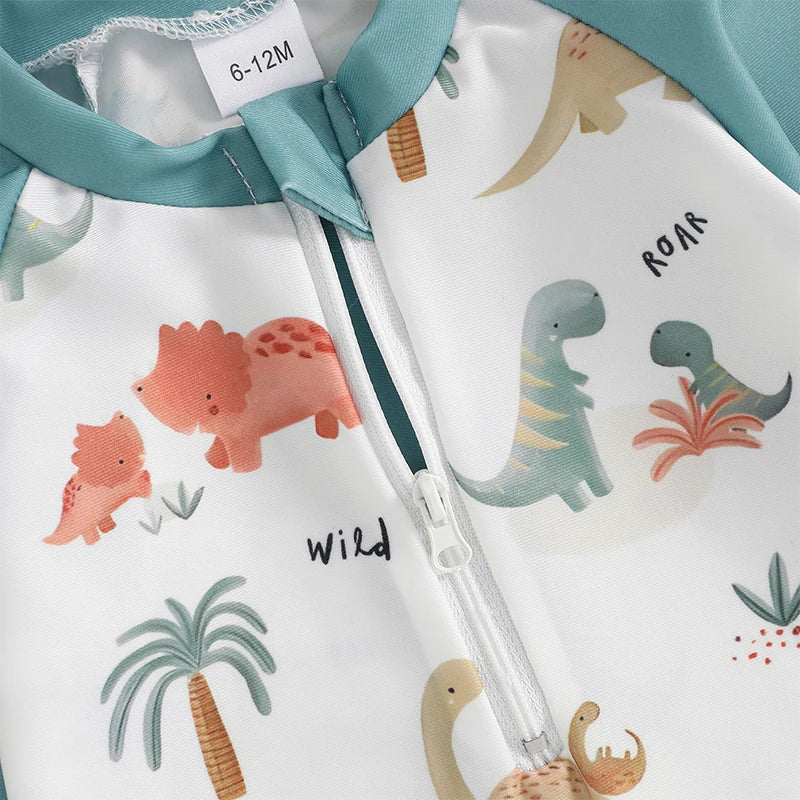 1-4T Toddler Boys Rash Guard Swimsuit Dinosaur/Shark Print Long Sleeve Zip Bathing Suit with Swim Cap