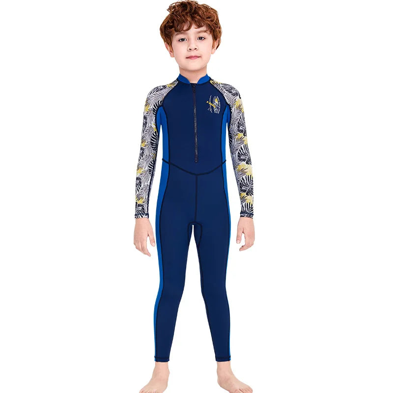 Girl Boy Swimwear Zipper One Piece Suit Kids Sunscreen Quick Drying Long Swimsuit Beachwear Bathing Suit(Including Swimming Cap)