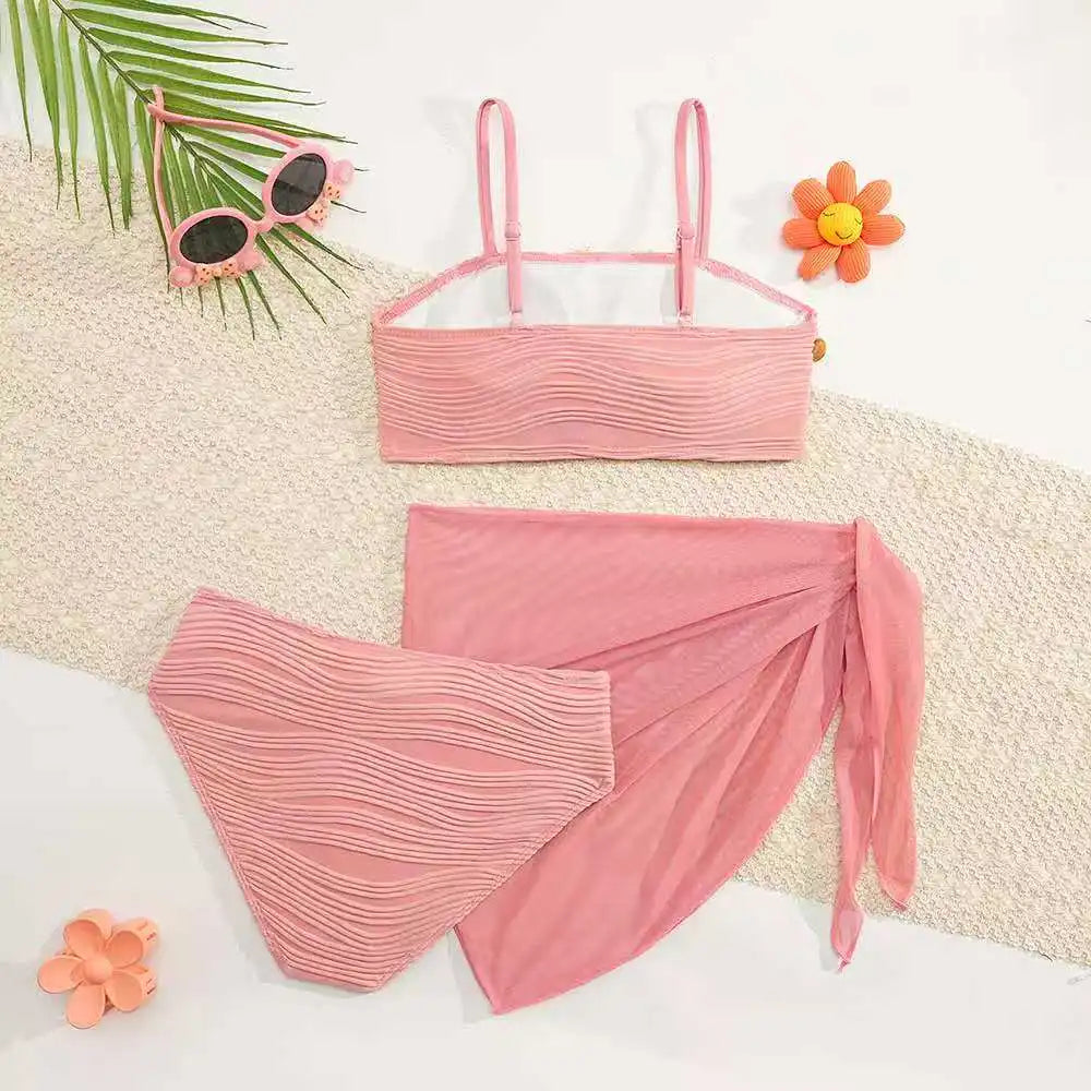 2026 Strappy Girls Swimsuit 3 Pieces Bikini & Skirt Bandeau Kids Swimwear Female Children's Bathers Bathing Swimming Swim Suit