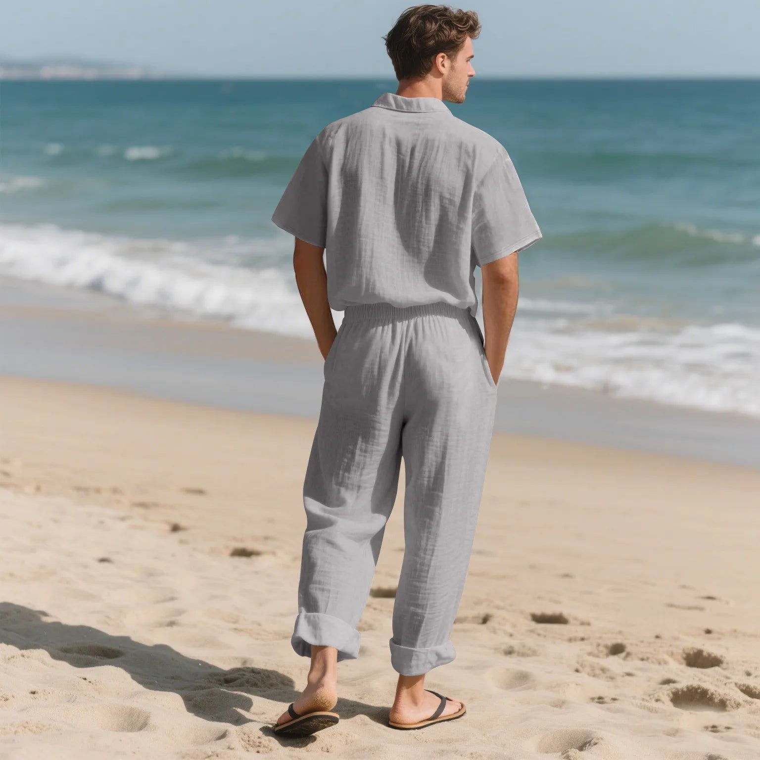 The 2025 Summer Beach Men's linen short-sleeved shirt set is a two-piece long pants set suitable fordaily casual beach vacations
