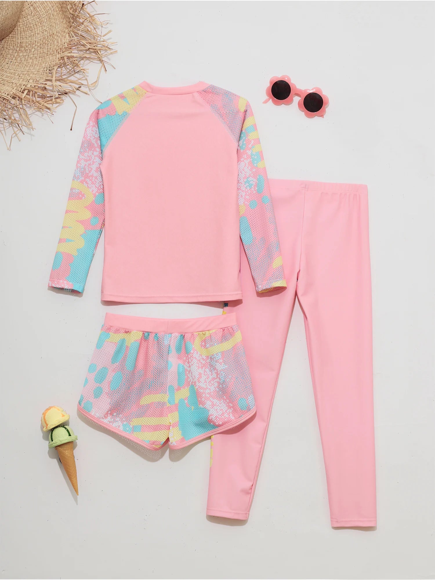 Kids Girls Swimsuit Rash Guard 3Pcs Sunsuit Outfit Long Sleeve Floral Tops Shorts Legging Child Sun Protection Pool Swimwear Set