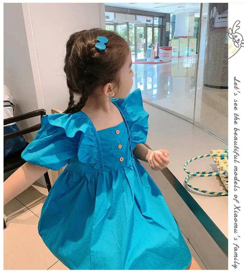 2025 New Children's Dress Girls' Summer Korean Edition Fashion Bubble Sleeves Checkered Strap backless Dress 1-6Y