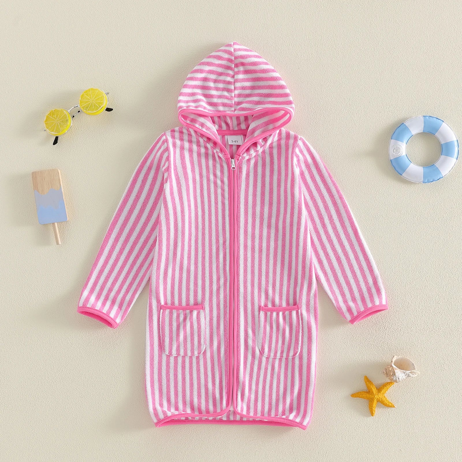 1-6Y Kids Bath Robes Towel Long Sleeve Front Zipper Striped Surf Poncho Swimming Outerwear for Boys Girls Beach Cover-ups