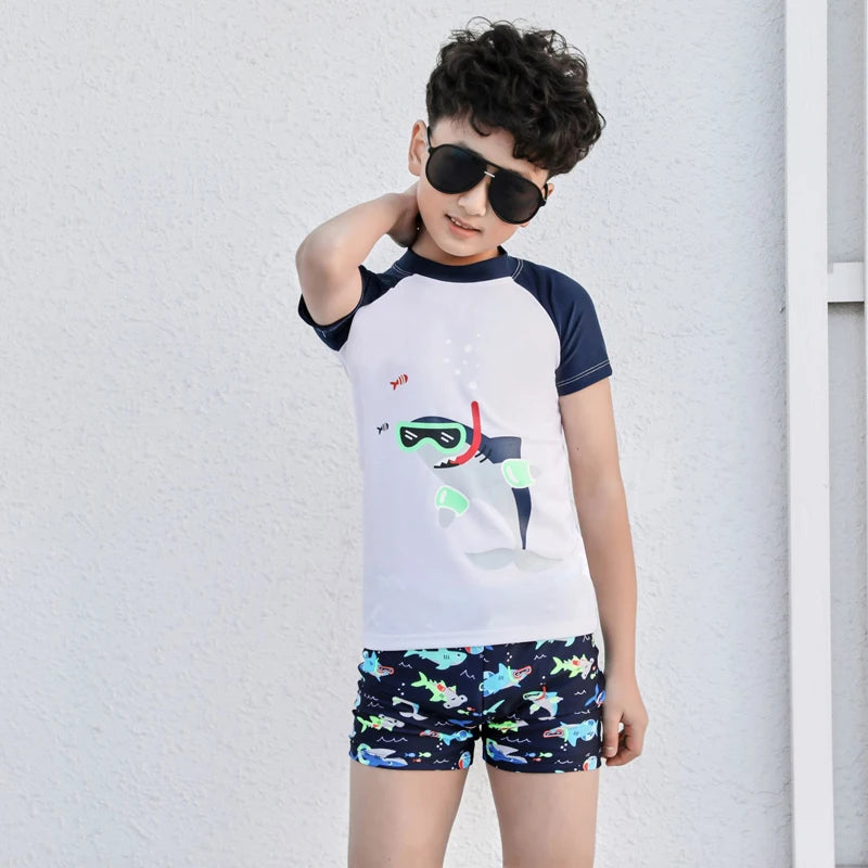 Kids Boy Swimsuit Summer Children Board Shorts Sets Boys Split Short Sleeve Quick Drying Boys Swimwear Beach Surfing Swimsuits