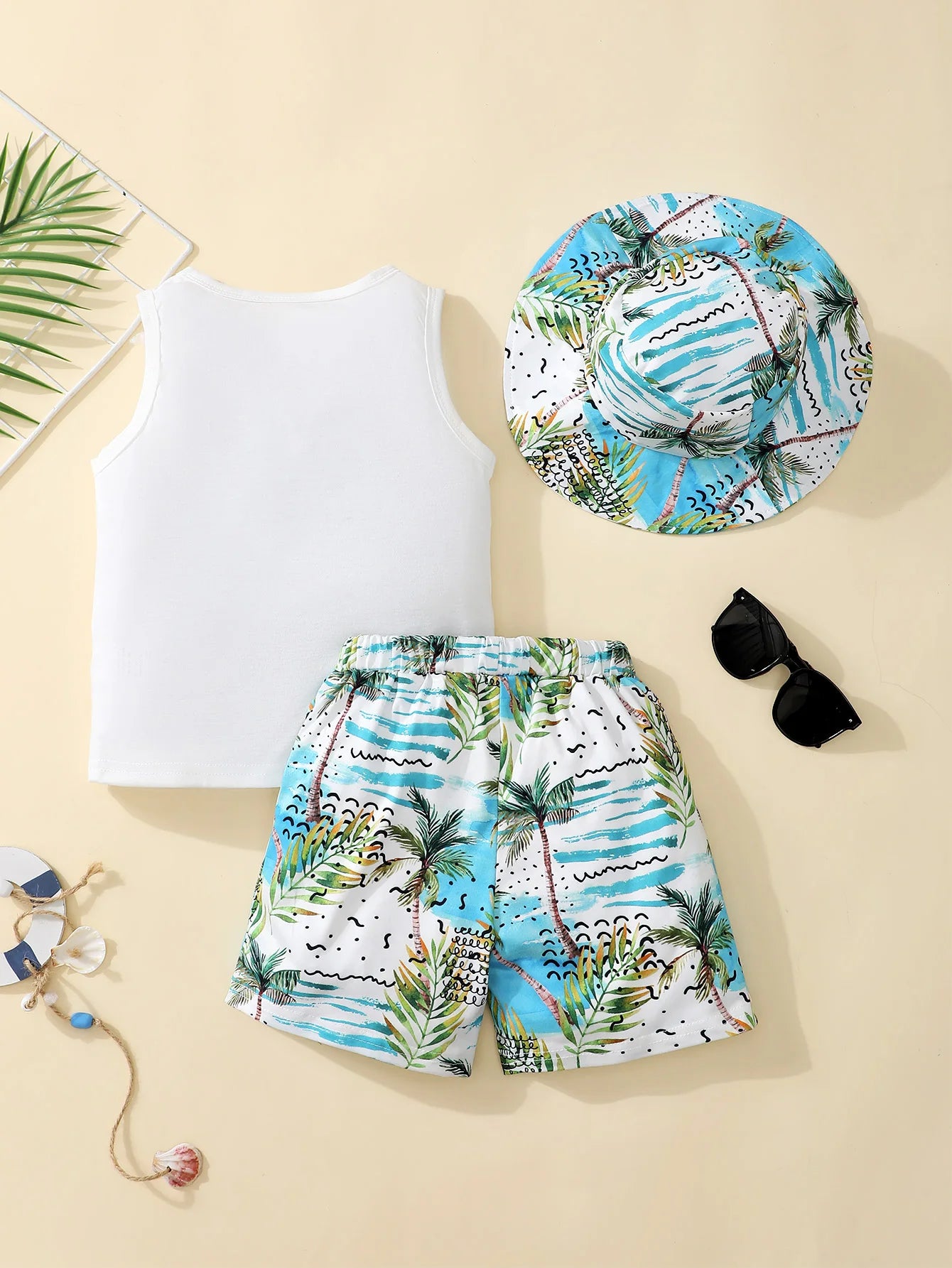 Summer  4-7  Years  Old  Cool Boys  Sleeveless  Top  And  Hawaiian  Printed Shorts  Casual  3-Piece  Set  With  Hat