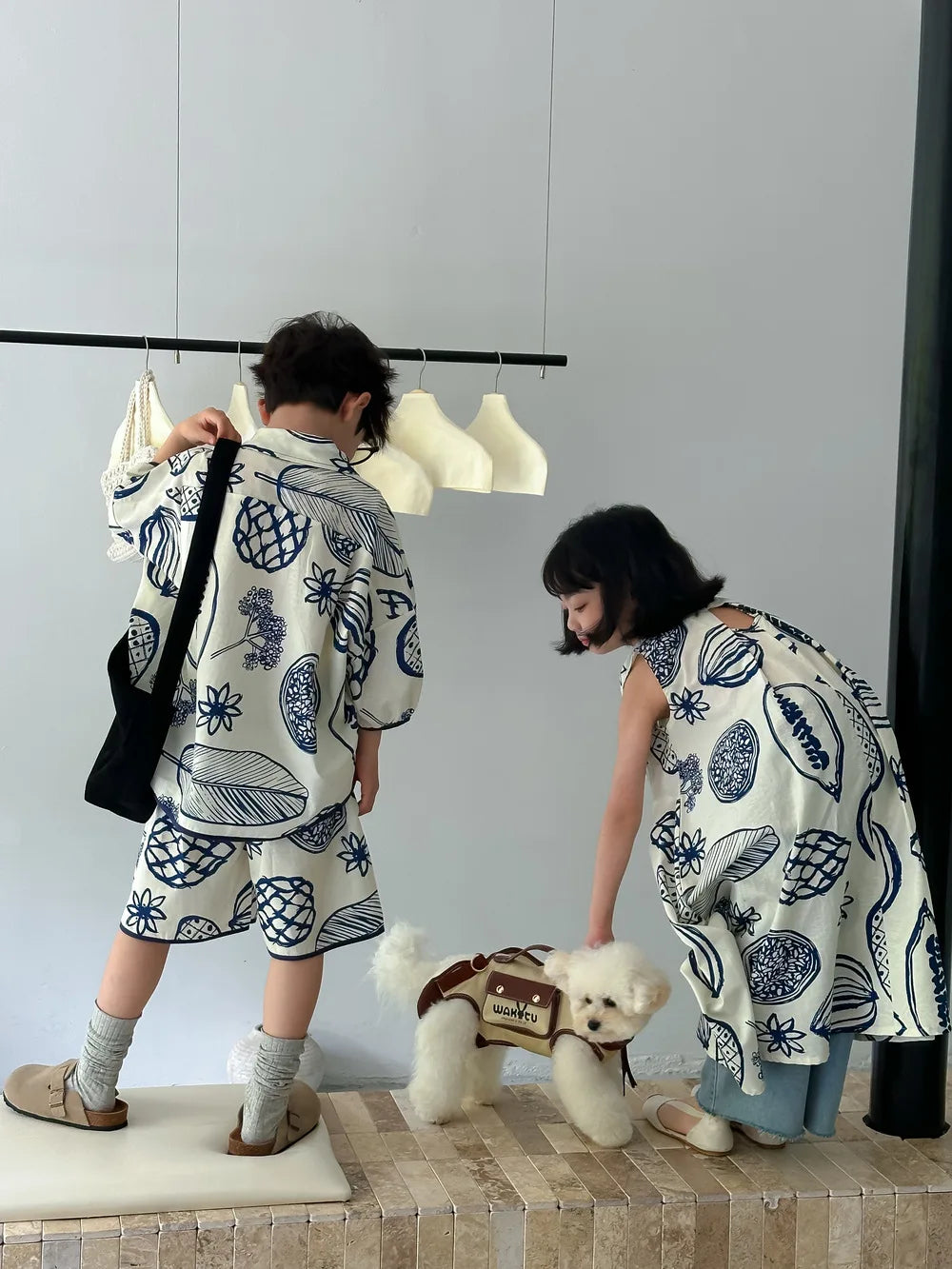 22386-1 Brother Sister Clothes  Boy's Summer Suit Girl's Dress Or Casual Short-sleeved Shirt+Shorts Two-piece Suit