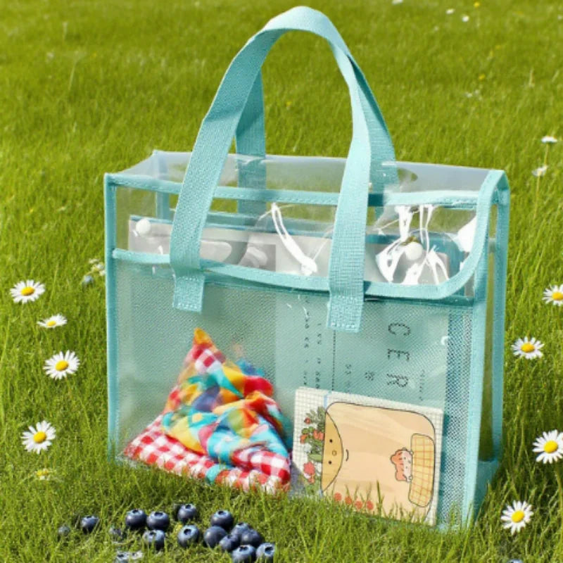 Clear Transparent PVC Tote Bag Large Capacity Waterproof Mesh Pocket Reinforced Handle for School Commute Beach