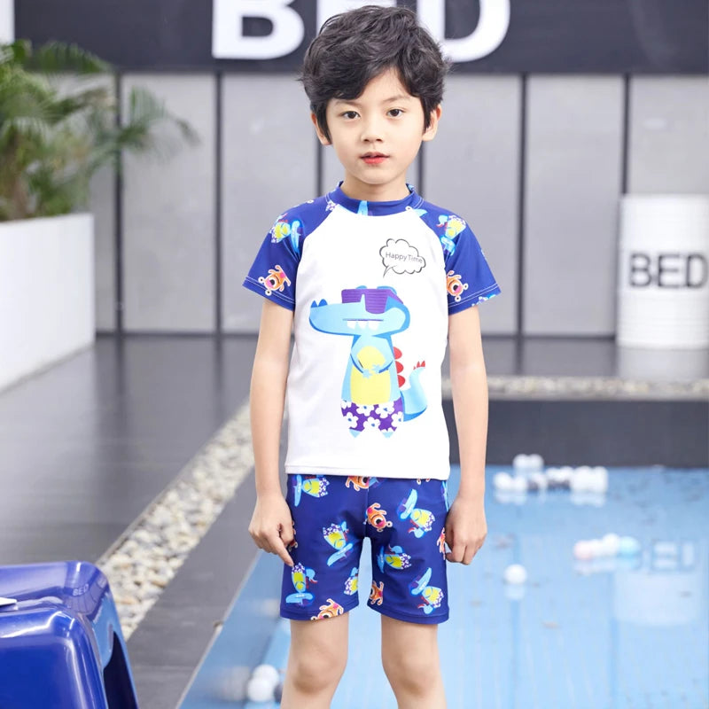 Kids Boy Swimsuit Summer Children Board Shorts Sets Boys Split Short Sleeve Quick Drying Boys Swimwear Beach Surfing Swimsuits
