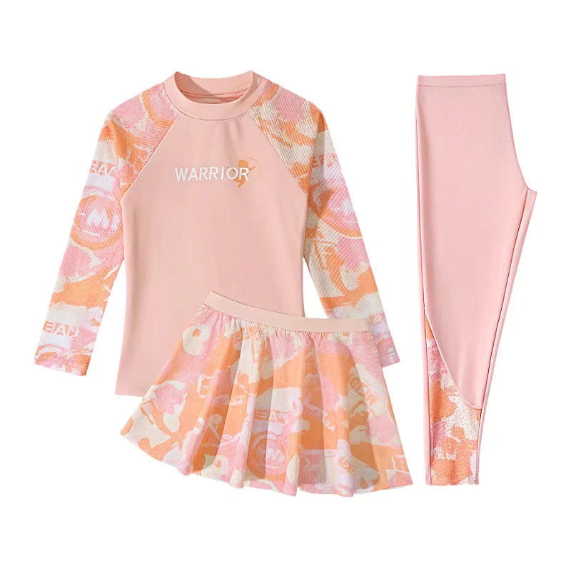 New Girls Fashion Swimsuit Sets Kids Long Sleeve Letter Top + Pants + Skirt 3Pcs for Kids 5-12 Years Split Swimming Clothes
