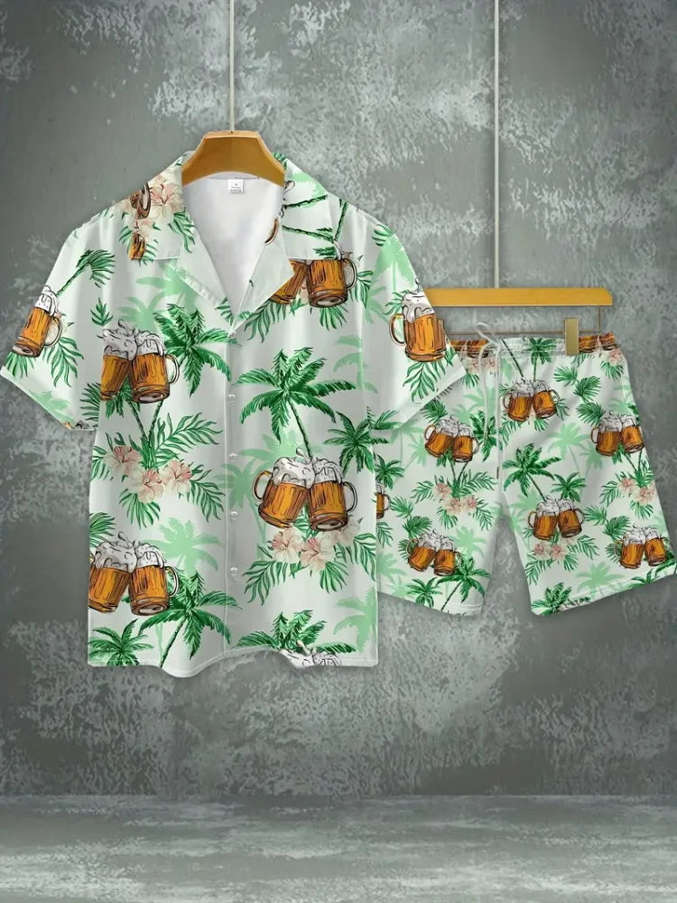 Men's Short-sleeved Shirt Set Blue Ocean Palm Tree Print Hawaiian Seaside Vacation Style Shirt Set