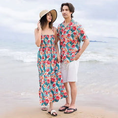 Family Holiday Clothes Dad and Son Boy Beach Shirts Two Piece Sets Vacation 2023 Mom and Baby Girl Floral Smock Dress Sleeveless