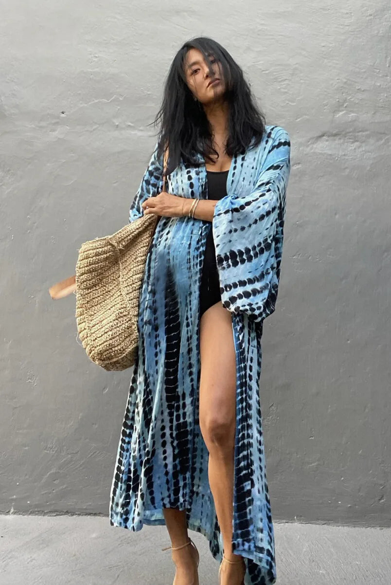 Women's Boho Stripe Tie Dye Swimsuit Cover Up with Belt Tunic Sarong Cardigan Dress Bikini Cover-ups Beach Wear Kimono
