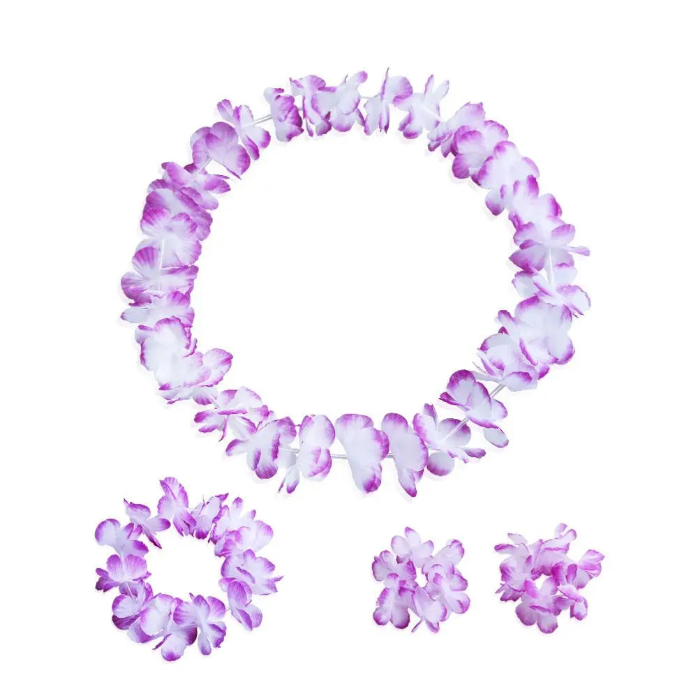 4pcs/set Hawaiian Flower Lei Hula Necklace Garland Headband Wristbands Wedding Decorations Beach Tropical Party Supplies