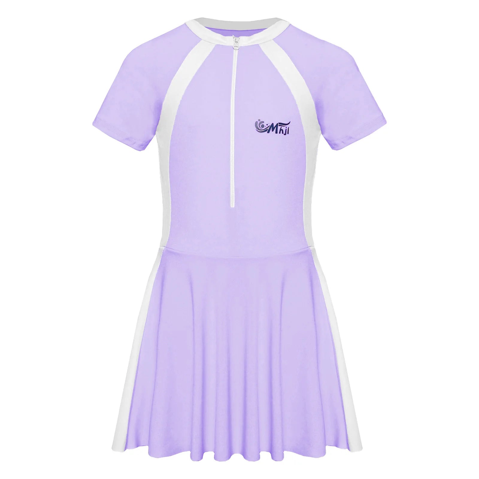 Fashion Girls One Piece Swim Dress Short Sleeve Color Block Swimsuit with Chest Pads Front Zipper And Safety Shorts Beachwear