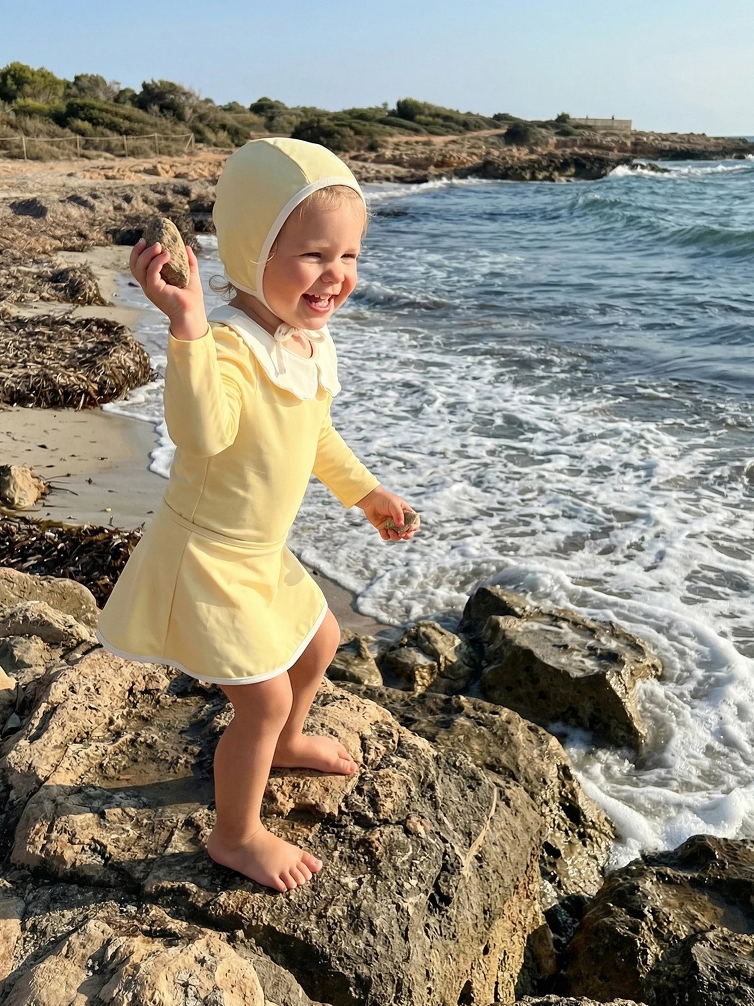 1-6T 3Pcs Little Girls Swimsuit Set Doll Collar Long Sleeve Contrast Color Rash Guard Swimwear Skirt and Hat