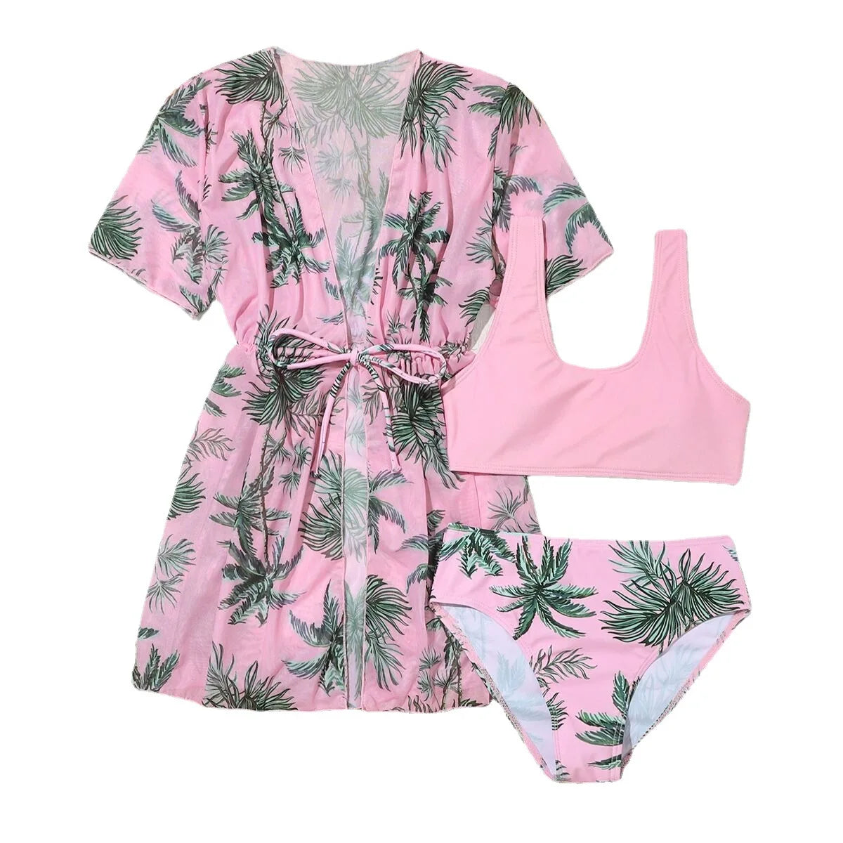 Girls 3pack Palm Tree Print Pink Bikini Kids Swimsuit&Kimono 7-12 Years Three Pieces Children's Swimwear Cover Up Bathing Suits