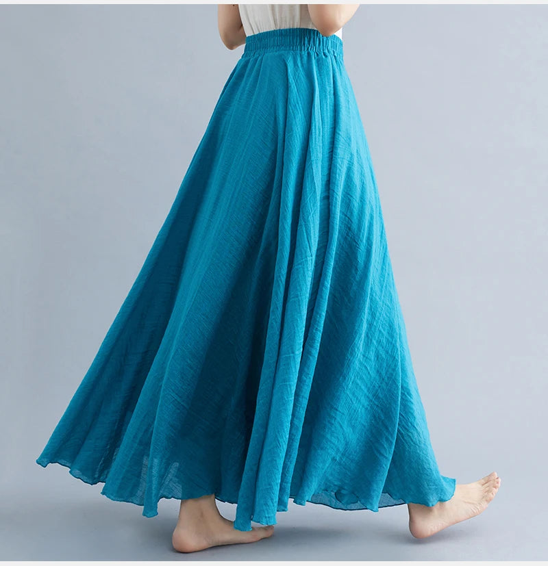 Boho Cotton Linen Beach Long Skirt Women Vintage Casual Solid A-line High Waist Dance Floor-Length Maxi Skirt Spring Summer New