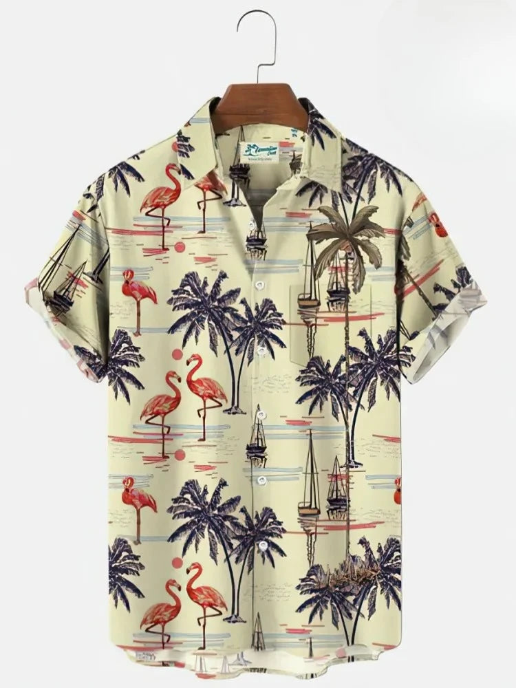 Hawaiian Men's Print Short  Sleeve Shirt Beach Coconut Tree Fashion Lapel Top 2025 New for Men Floral Clothes