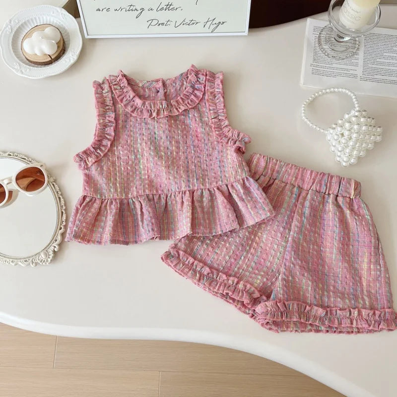2pc/Set Baby Girl Set Summer Pink Checkered Cotton Sleeveless Top Long Pants Costume For Baby Cute Girls' Beach Set